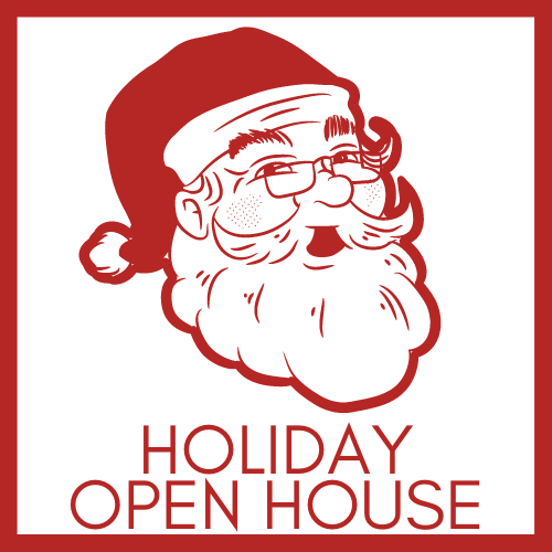 Square icon with Santa saying Holiday Open House